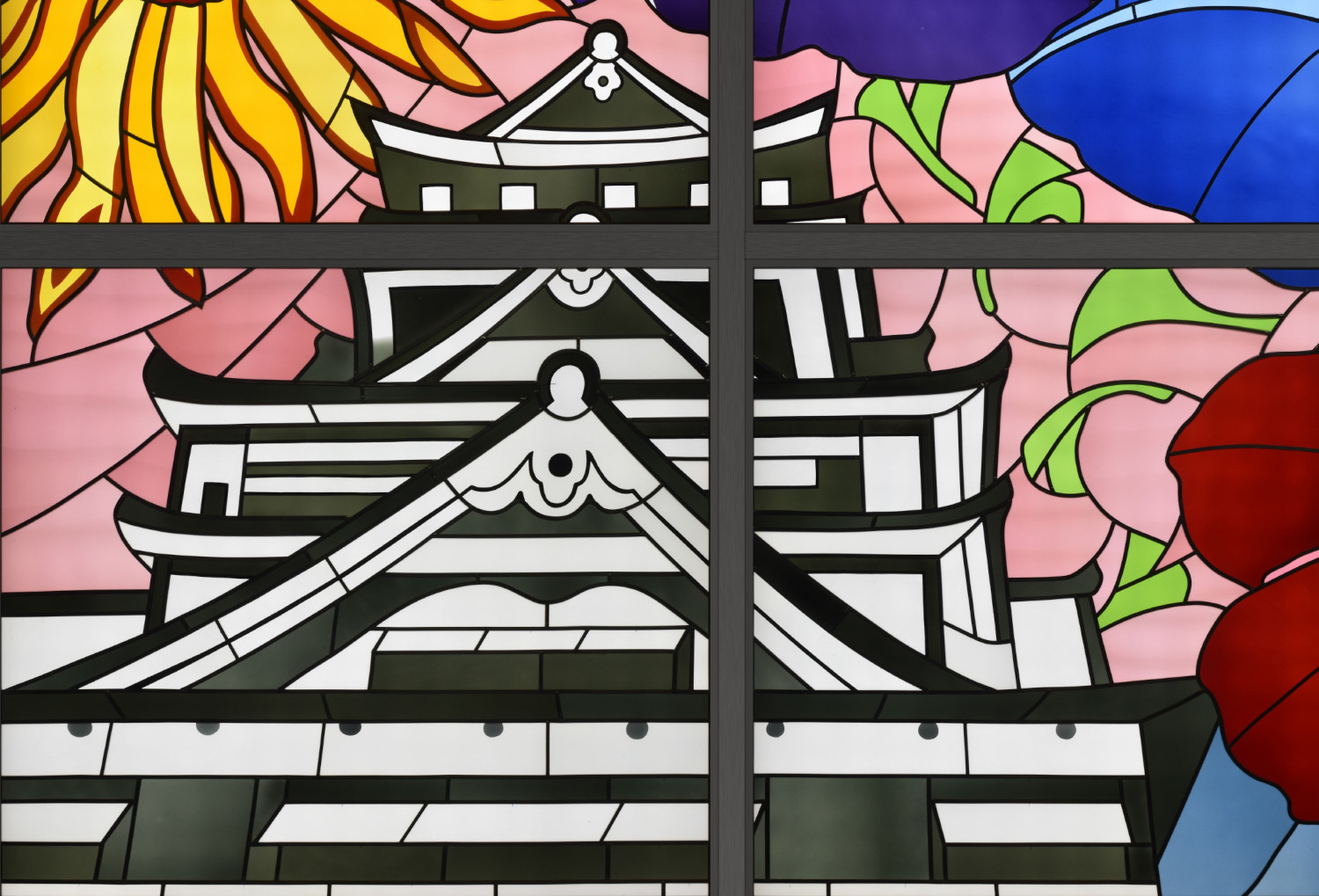 Close-up of the stained glass artwork “The Vibrant Colors of Higo”