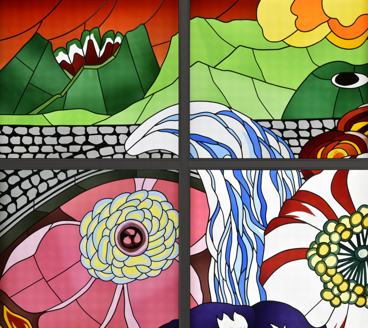 Close-up of the stained glass artwork “The Vibrant Colors of Higo”