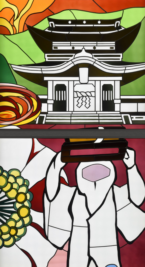 Close-up of the stained glass artwork “The Vibrant Colors of Higo”