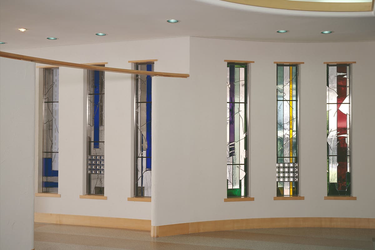 The Stained Glass artwork “Four Seasons,” installed in an entrance lobby