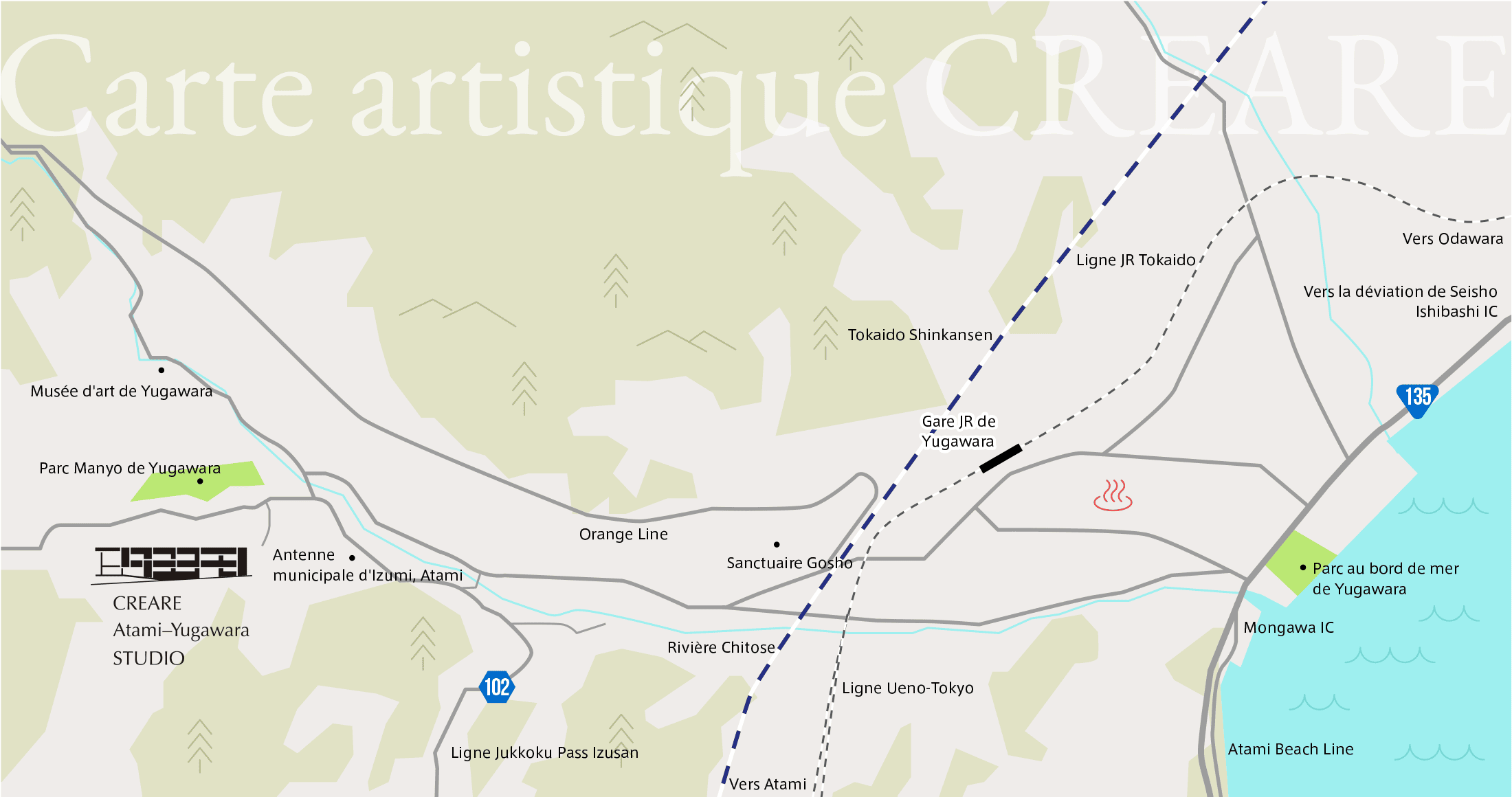 Carte indiquant les lieux où sont installées les œuvres d’Art Public autour du Studio CREARE Atami–Yugawara