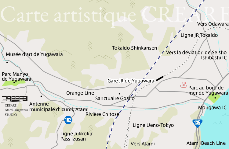 Carte indiquant les lieux où sont installées les œuvres d’Art Public autour du Studio CREARE Atami–Yugawara
