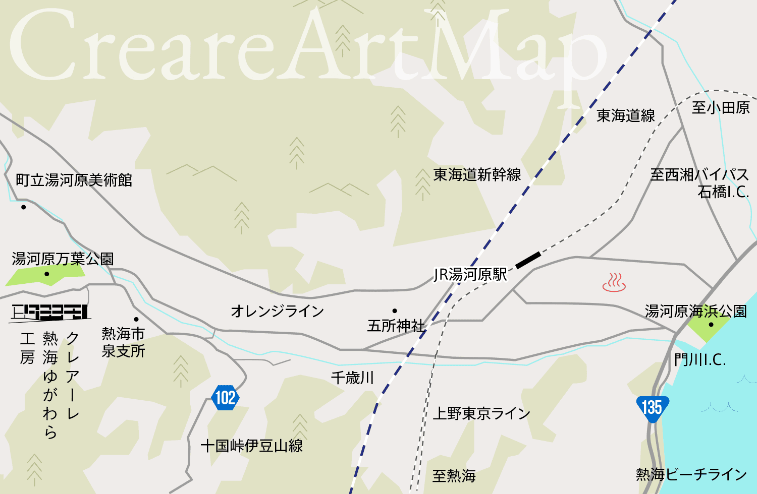 クレアーレ熱海ゆがわら工房周辺のパブリックアート設置場所を示した地図
